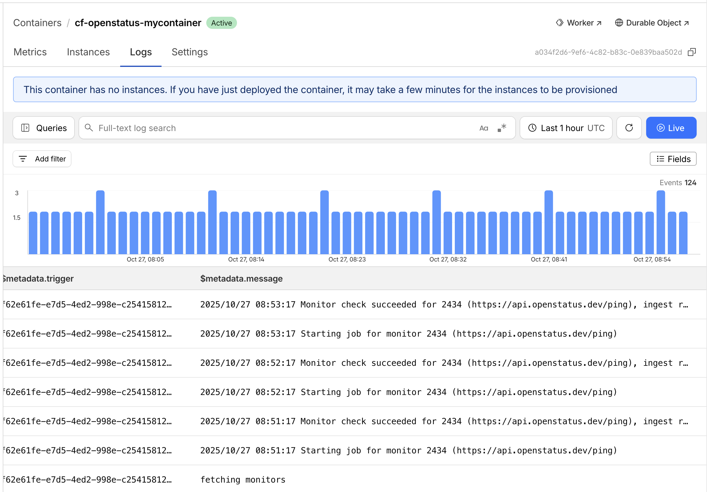 Cloudflare Workers Logs showing statusas Private Location running