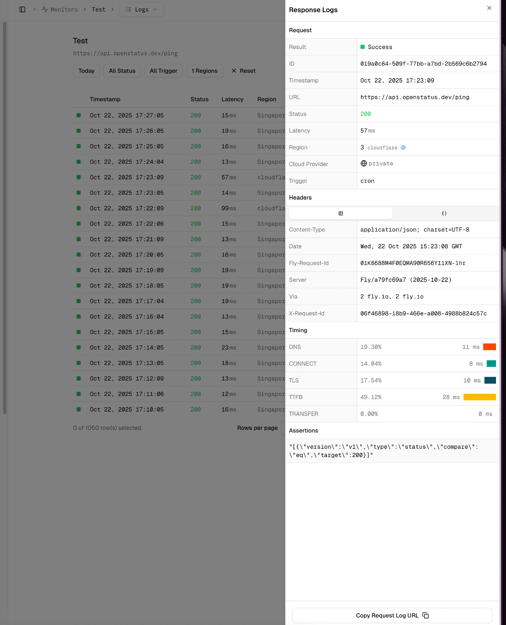 statusas monitor response logs showing checks from a private location