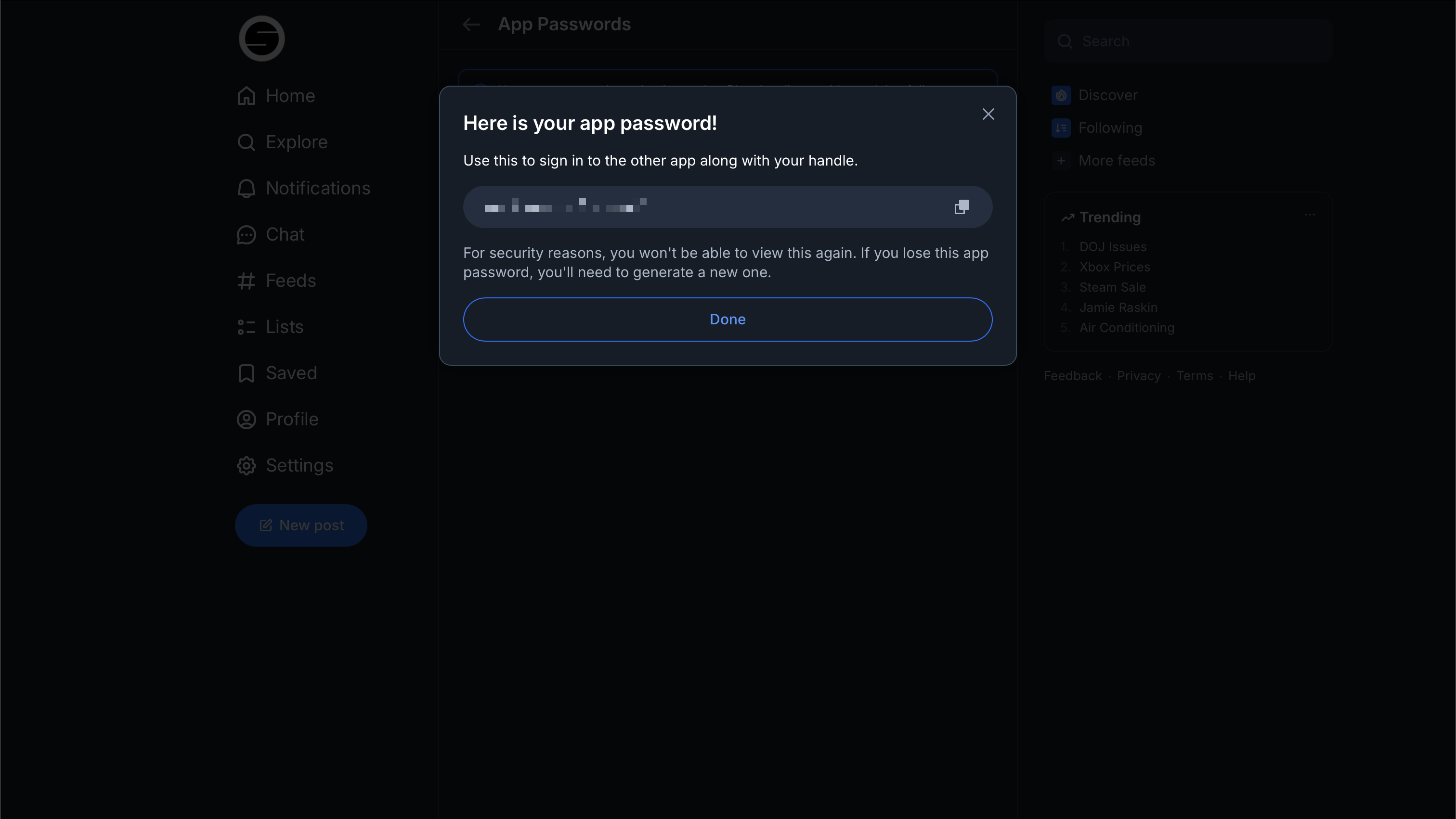 The generated Bluesky App Password
