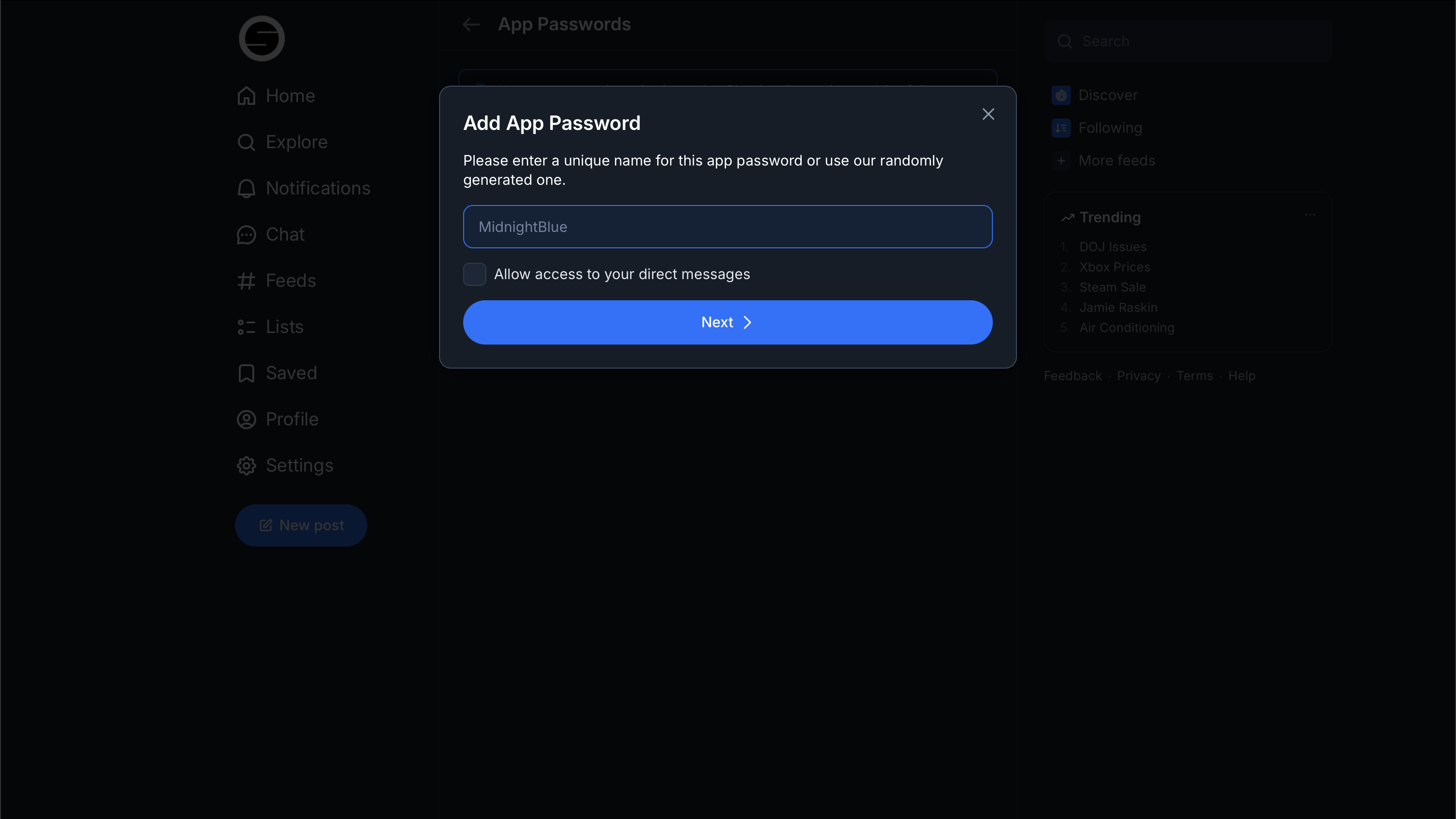 Naming a new Bluesky App Password