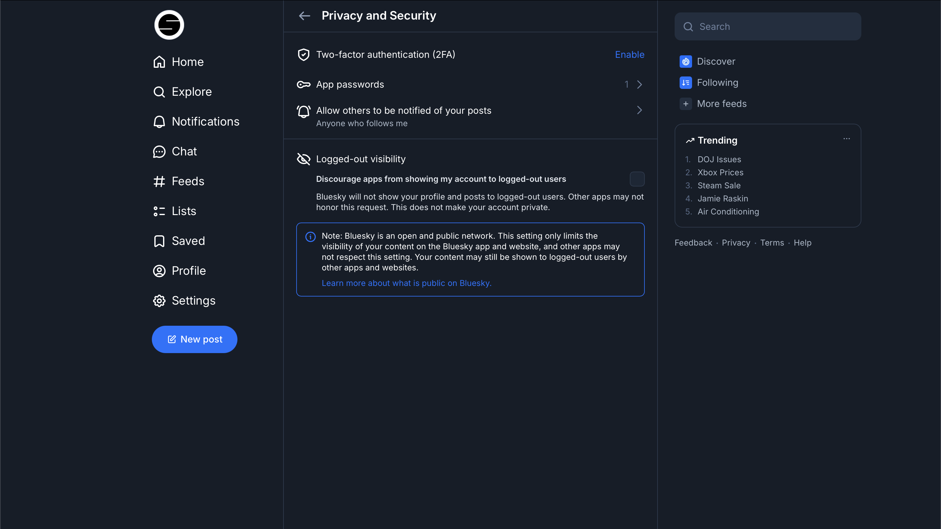 Bluesky Privacy and Security settings