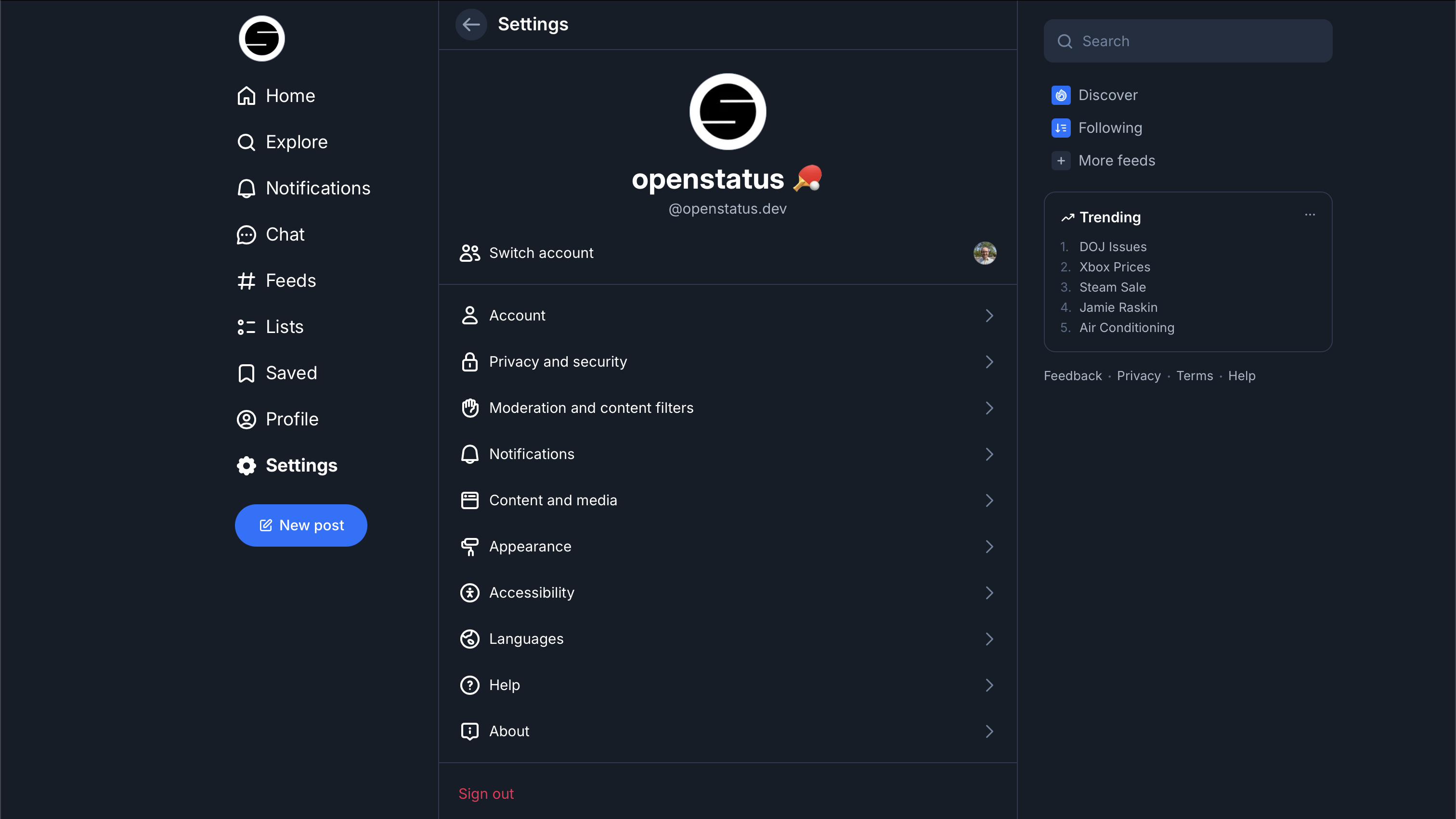 Bluesky settings menu
