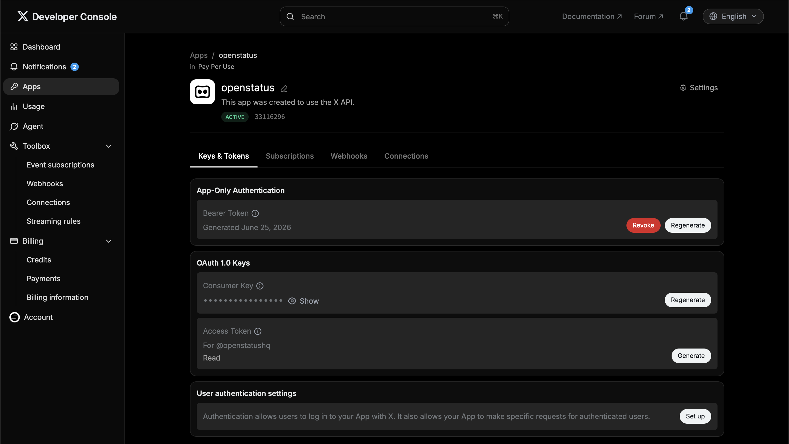 X app keys and tokens with OAuth 1.0a access token