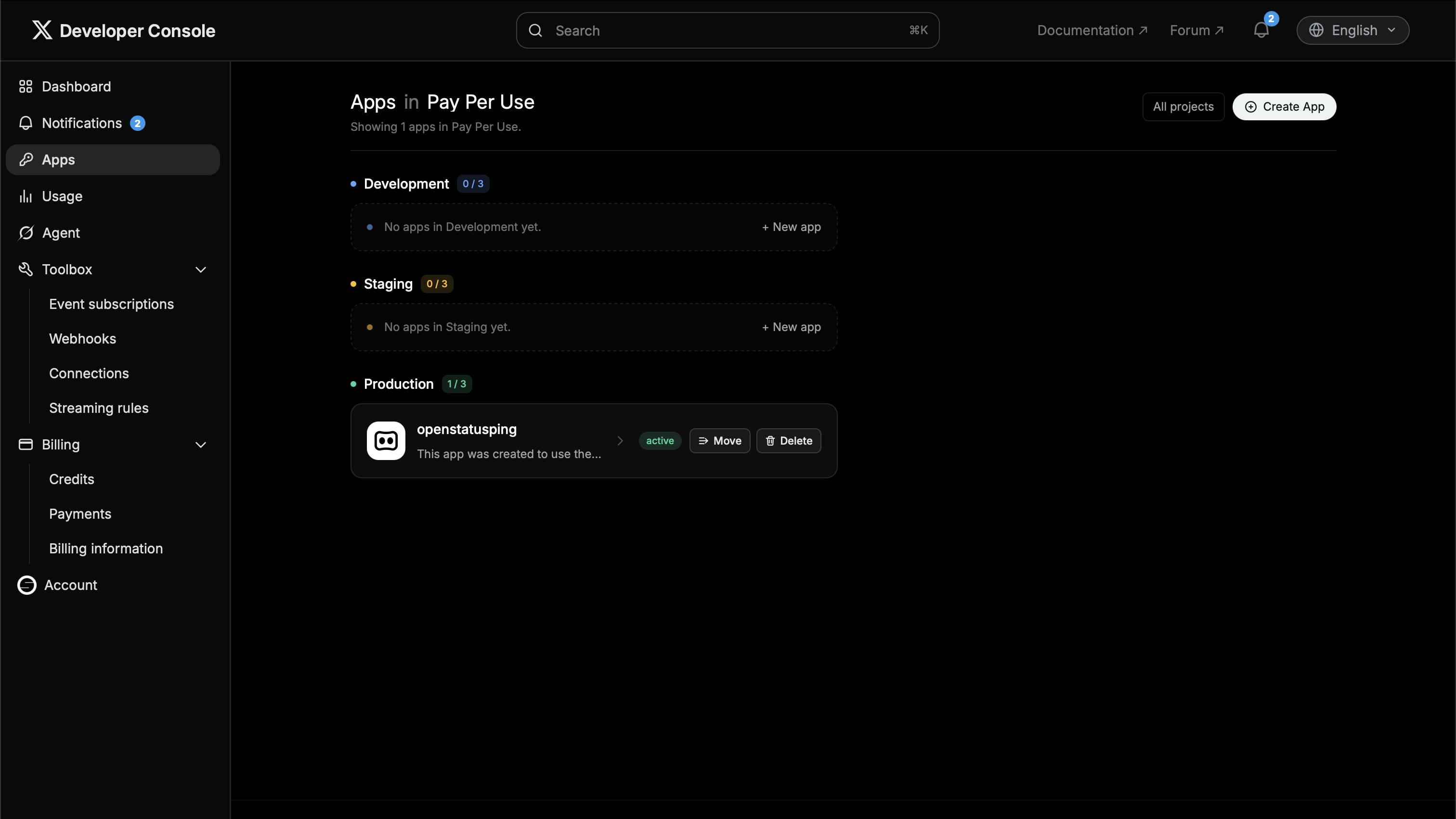 X Developer Console apps list