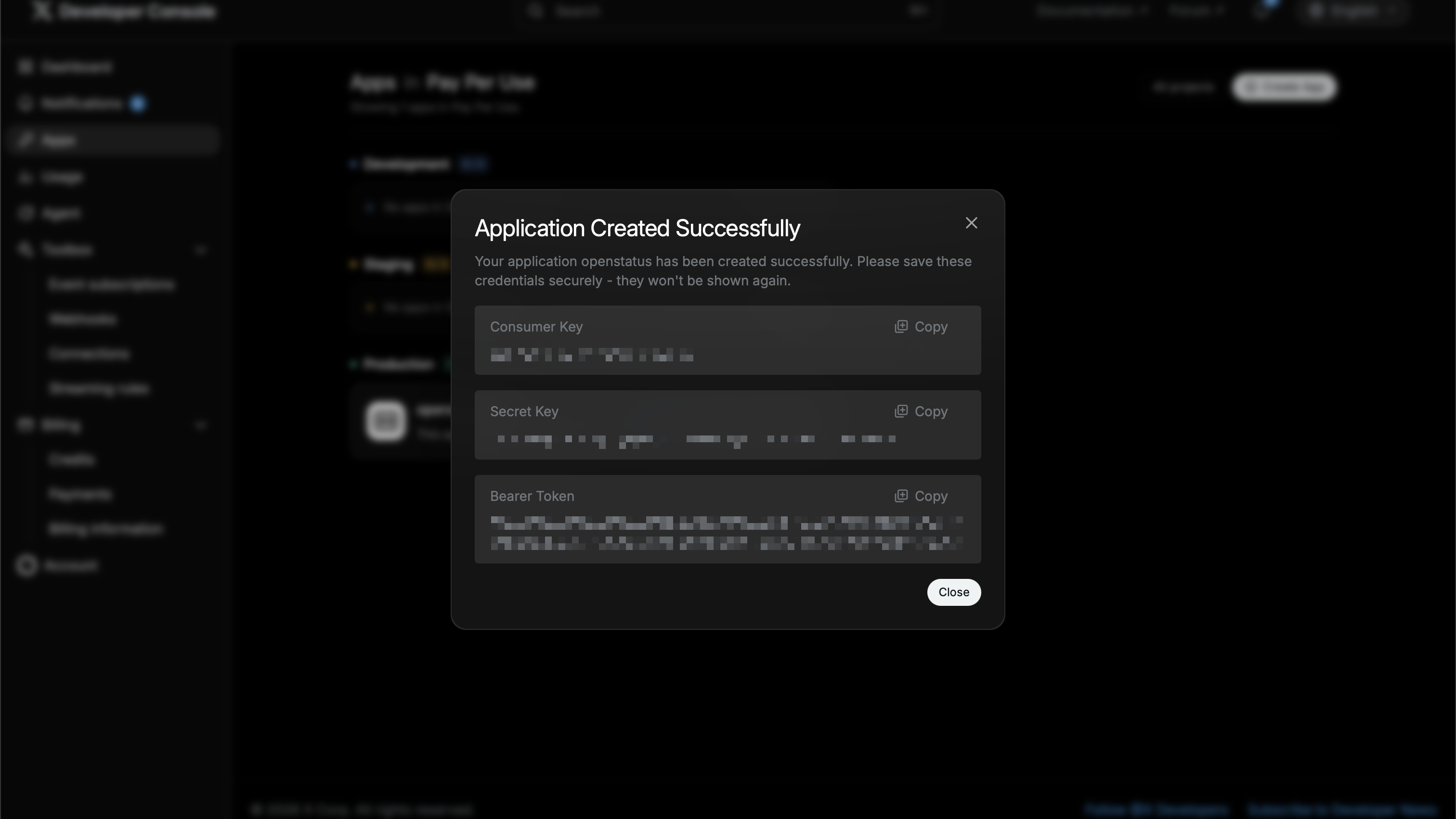 X application created with consumer and secret keys